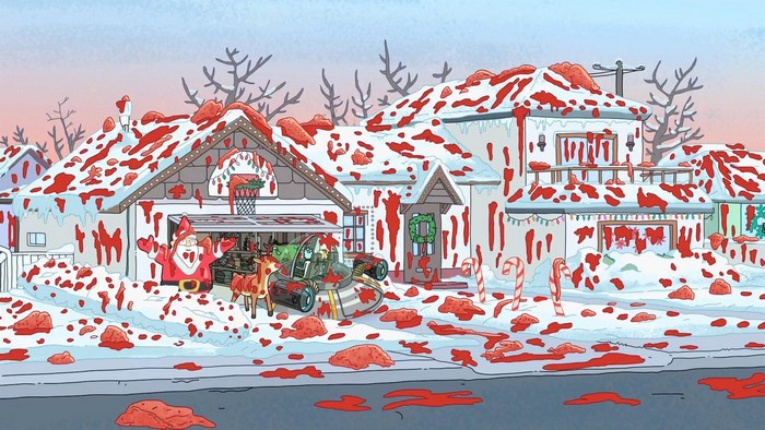 Rick and Morty Christmas House Covered in Blood