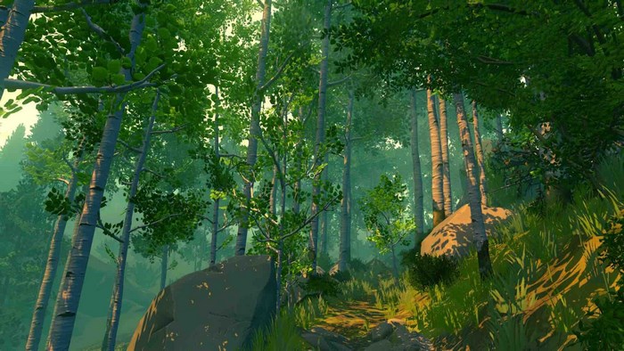 Firewatch forest path with trees and rocks
