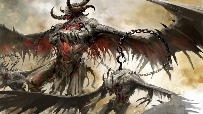 Two chained demons with wings and horns