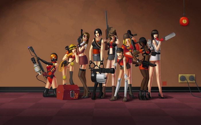 Female Team Fortress 2 characters with weapons