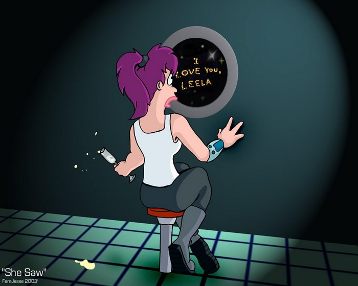 Leela from Futurama looking at a message in space