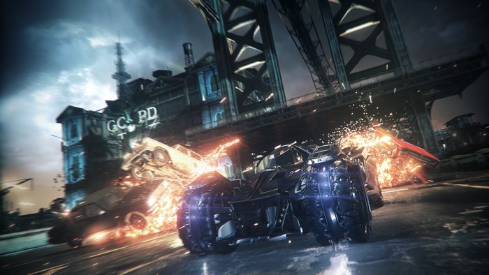 Batman: Arkham Knight Batmobile in a car crash