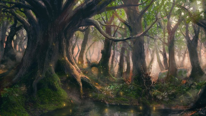 Enchanted forest with a stream and glowing lights