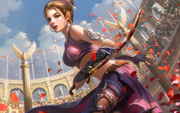 Warrior woman with sword in arena