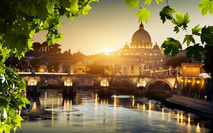 St. Peter's Basilica and Ponte Sant'Angelo at sunset, Rome