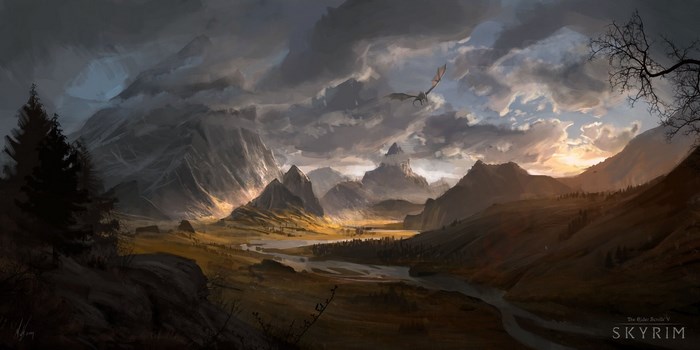 The Elder Scrolls V Skyrim landscape with dragon