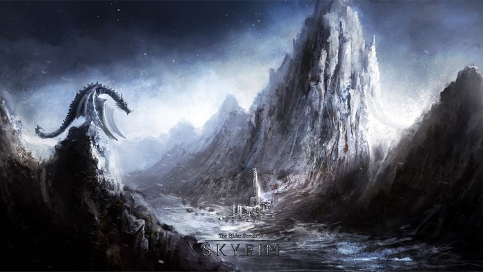 Dragon from The Elder Scrolls V: Skyrim in a snowy mountain landscape