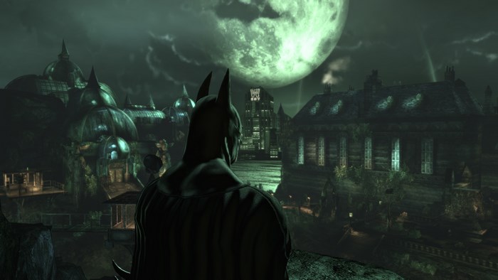 Batman from Batman: Arkham Asylum overlooking Gotham City