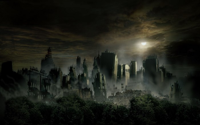 Post-apocalyptic city ruins under a cloudy sky