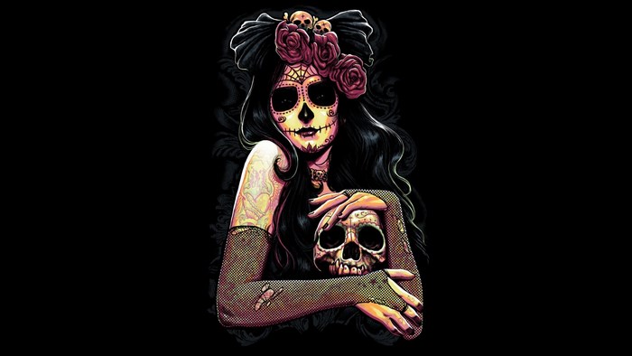 Woman with sugar skull face holding a skull