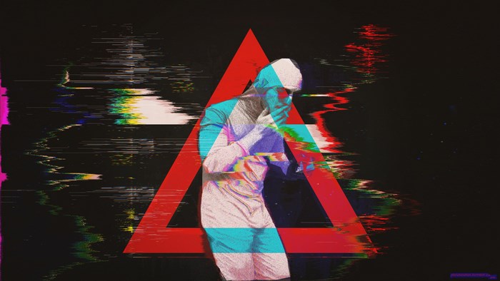 Glitch art with red triangle and person