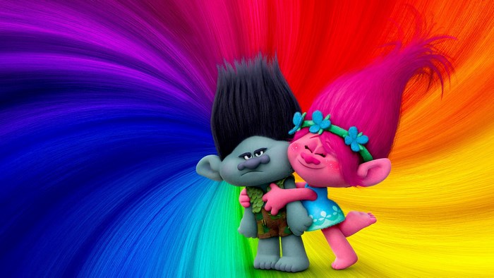Poppy and Branch from Trolls hugging