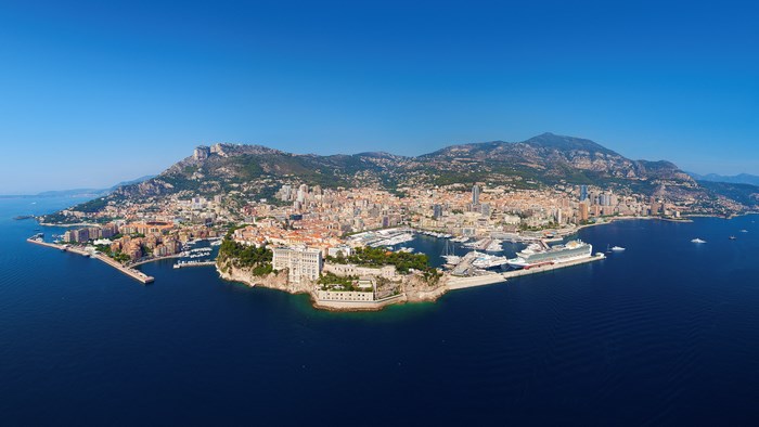 Panoramic view of Monaco coastline and cityscape