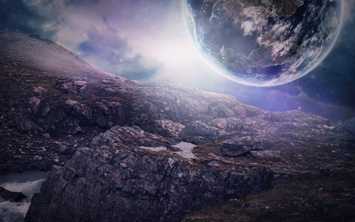 Sci-fi landscape with planet in the sky