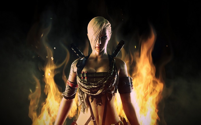Woman with swords in front of fire