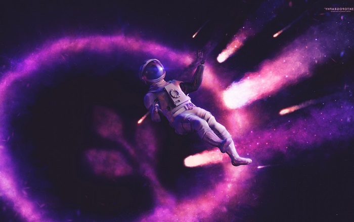 Astronaut floating in space with nebulae and meteors