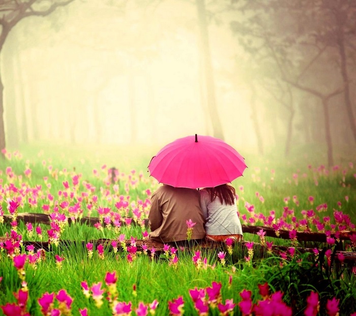 Couple under pink umbrella in flower field