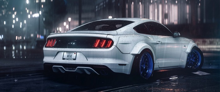 White Ford Mustang with blue rims in the rain