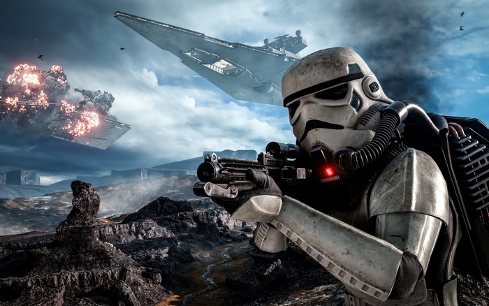 Stormtrooper aiming rifle with Star Destroyer in Star Wars Battlefront