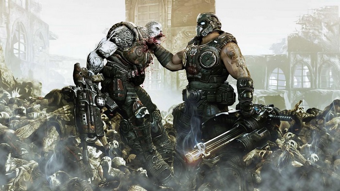 Gears of War 4 characters in a pile of bodies