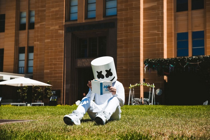 Marshmello sitting on grass reading a book