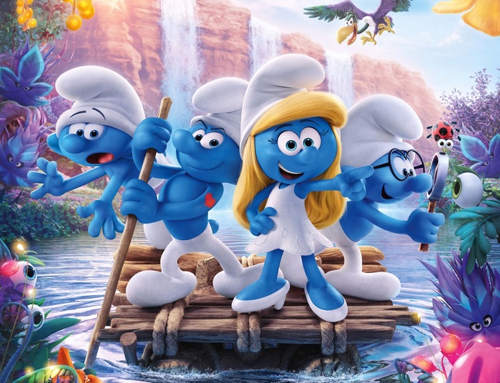 Smurfs on a raft in a fantasy forest