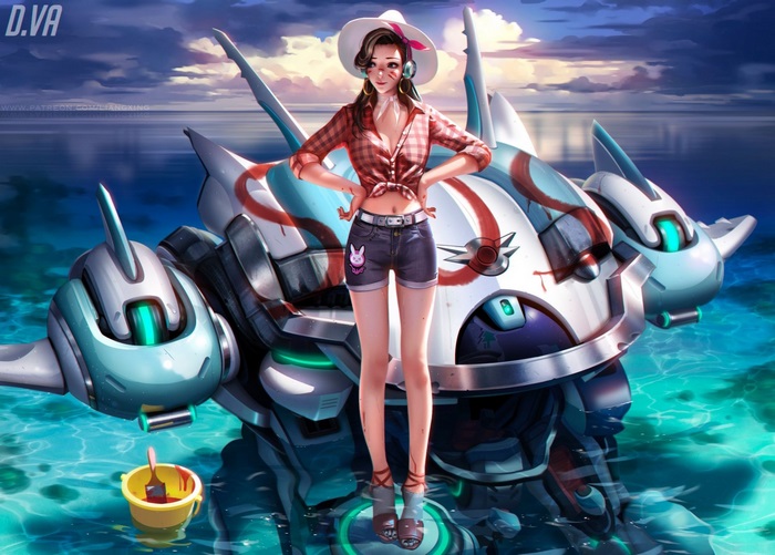 D.Va from Overwatch in a summer outfit with her mech