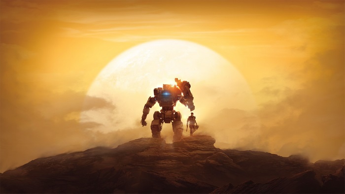 Titanfall 2 Robot and Pilot on Rocky Planet