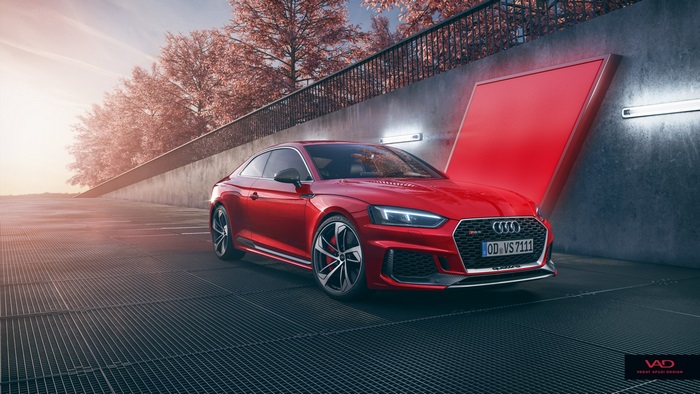 Red Audi RS5 Coupe on a metal grate platform