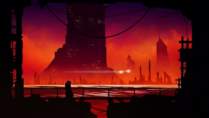 Couple silhouetted on a bridge overlooking a futuristic city at sunset