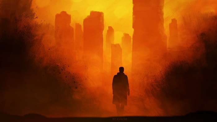Blade Runner 2049 silhouette in orange city