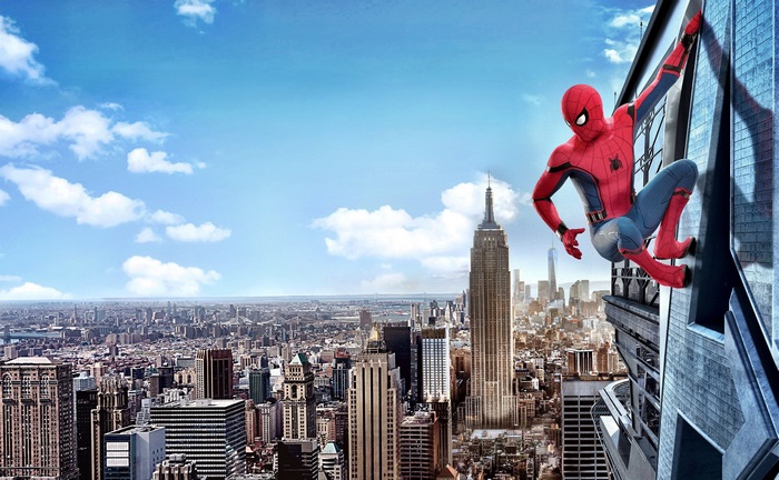 Spider-Man climbing a building in New York City