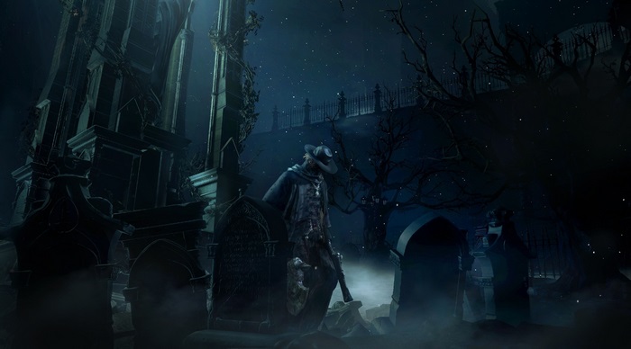 Hunter from Bloodborne in a graveyard