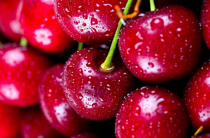 Close-up of fresh cherries with water droplets