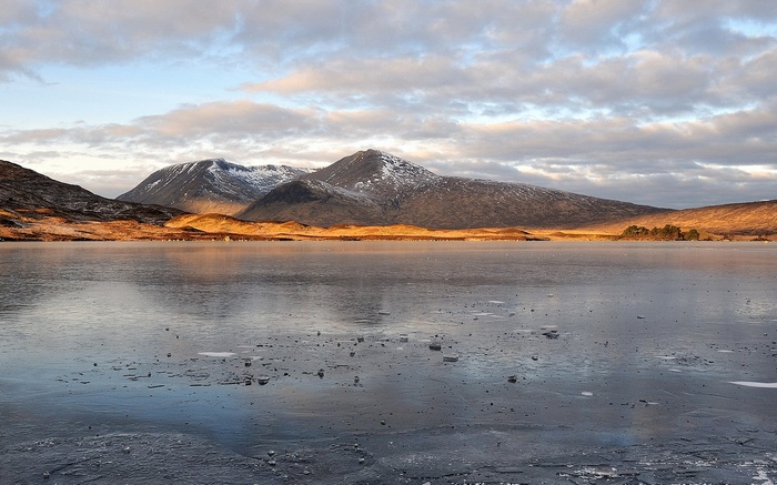 Frozen lake with mountains and cloudy sky