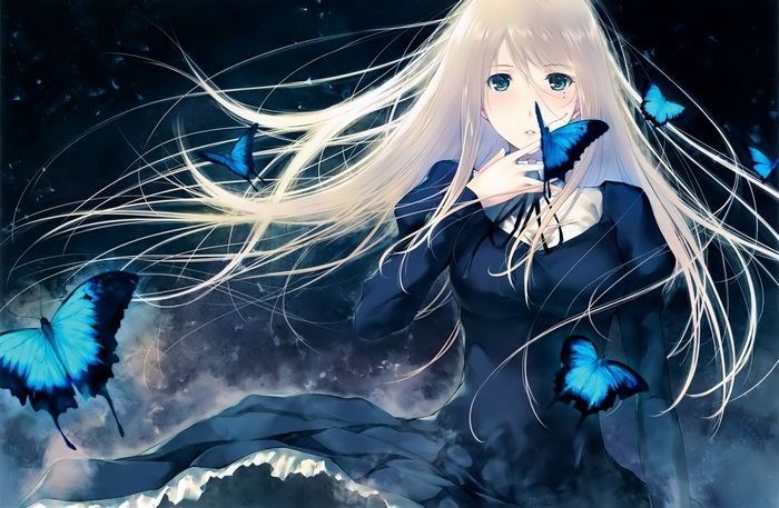 Anime girl with blonde hair and blue butterflies 4K