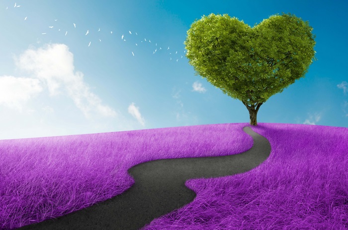 Heart-shaped tree on purple field 4K