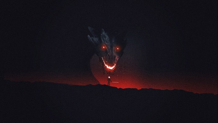 Dragon and warrior in dark fantasy landscape 4K