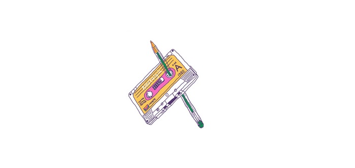 Minimalist illustration of a cassette tape with pens