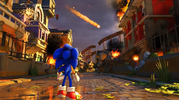 Sonic the Hedgehog from Sonic Forces in a burning city