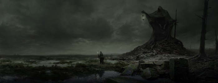 Grim Reaper in a dark, desolate landscape