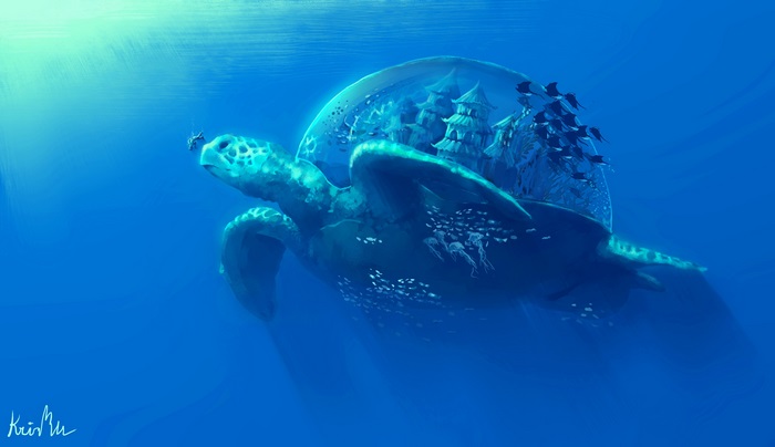 Giant turtle with a city on its back underwater 4K