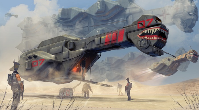 Spaceship with shark mouth art in desert