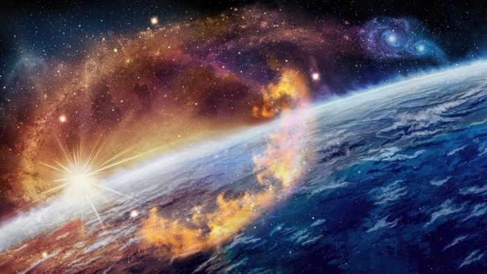 Space 4K background with planet and nebula