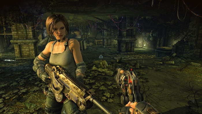 Woman with guns in a ruined environment