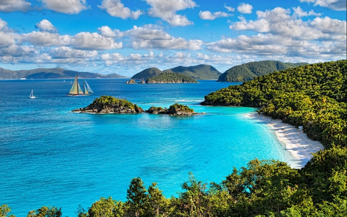 Ocean landscape with sailboats and islands 4K