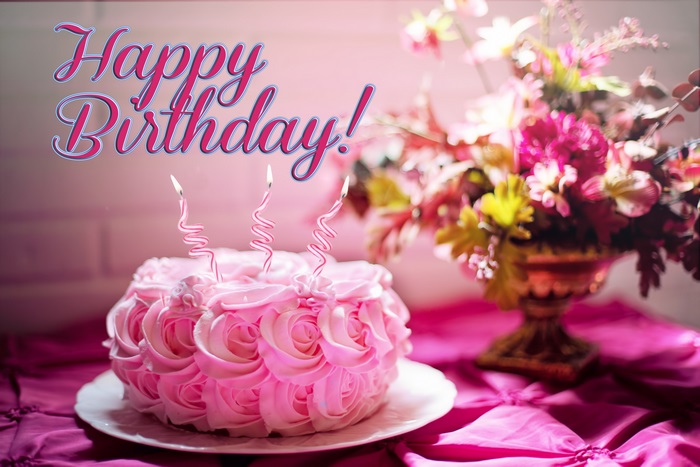 Pink Rose Cake with Birthday Candles and Flowers