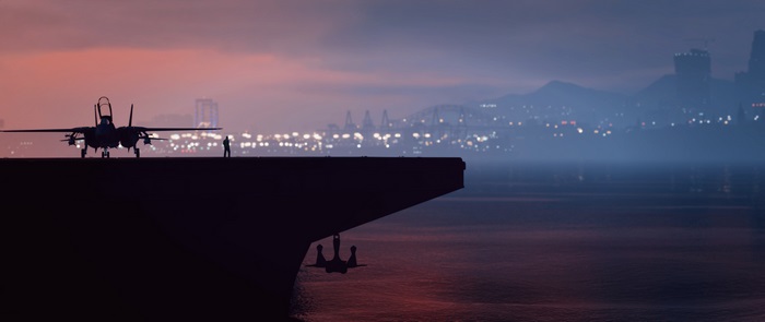 Aircraft carrier with fighter jet at dusk in Grand Theft Auto V 4K