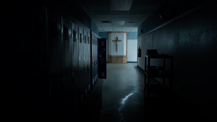 Hallway with lockers and crucifix in Outlast 2 4K