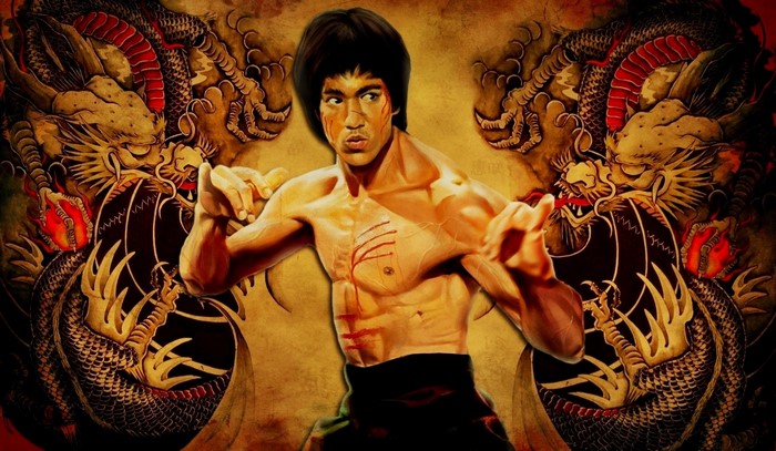 Bruce Lee artwork with dragons